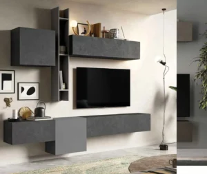parete attrezzata moderna sospesa infinity composizione8 colore ardesia piombo tv nero e sfondo chiaro