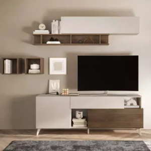 Porta TV MONACO - 1 anta + 1 cassetto + 1 ribalta e vani - colore cashmere e mercure - (L.181xH.67xP.42 cm)